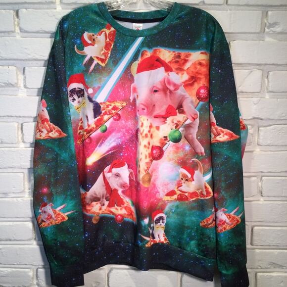 Ugly Christmas Sweater Pig/Cat/Pizza themed knit top L - Picture 1 of 5